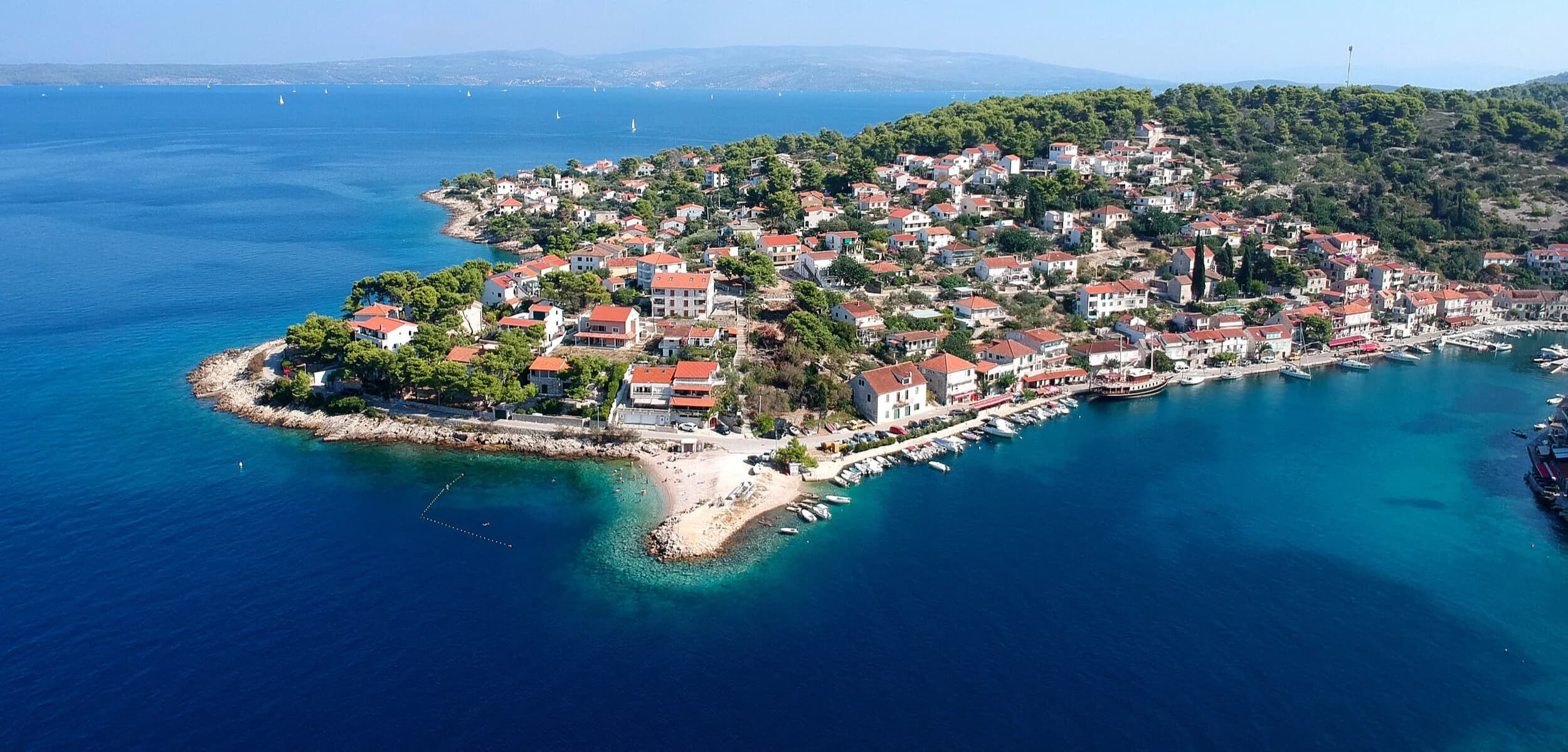 Aerial view of a coastal village on Šolta